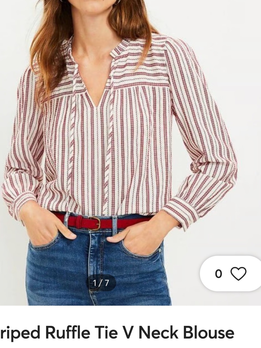 LOFT Striped Ruffle Tie V Neck Blouse Red White Nautical Cottage Size - XS NWT